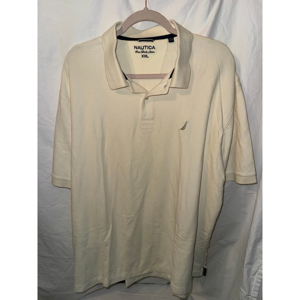 Nautica Mens True Deck Shirt XXL Cream Off White Cotton Pique Short Sleeve Polo